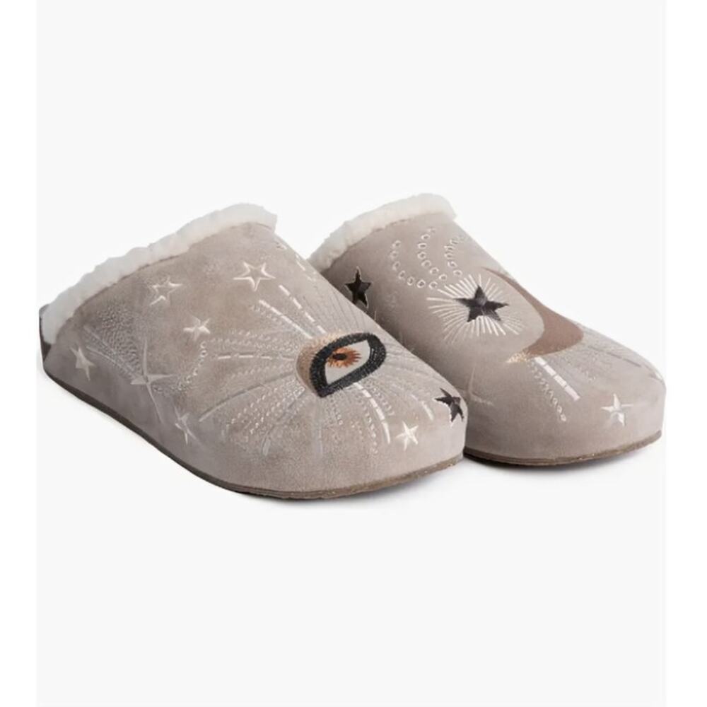 Johnny Was Celestial Mule in Cement Gray Size 6 Suede Embroidered Fleece Lined